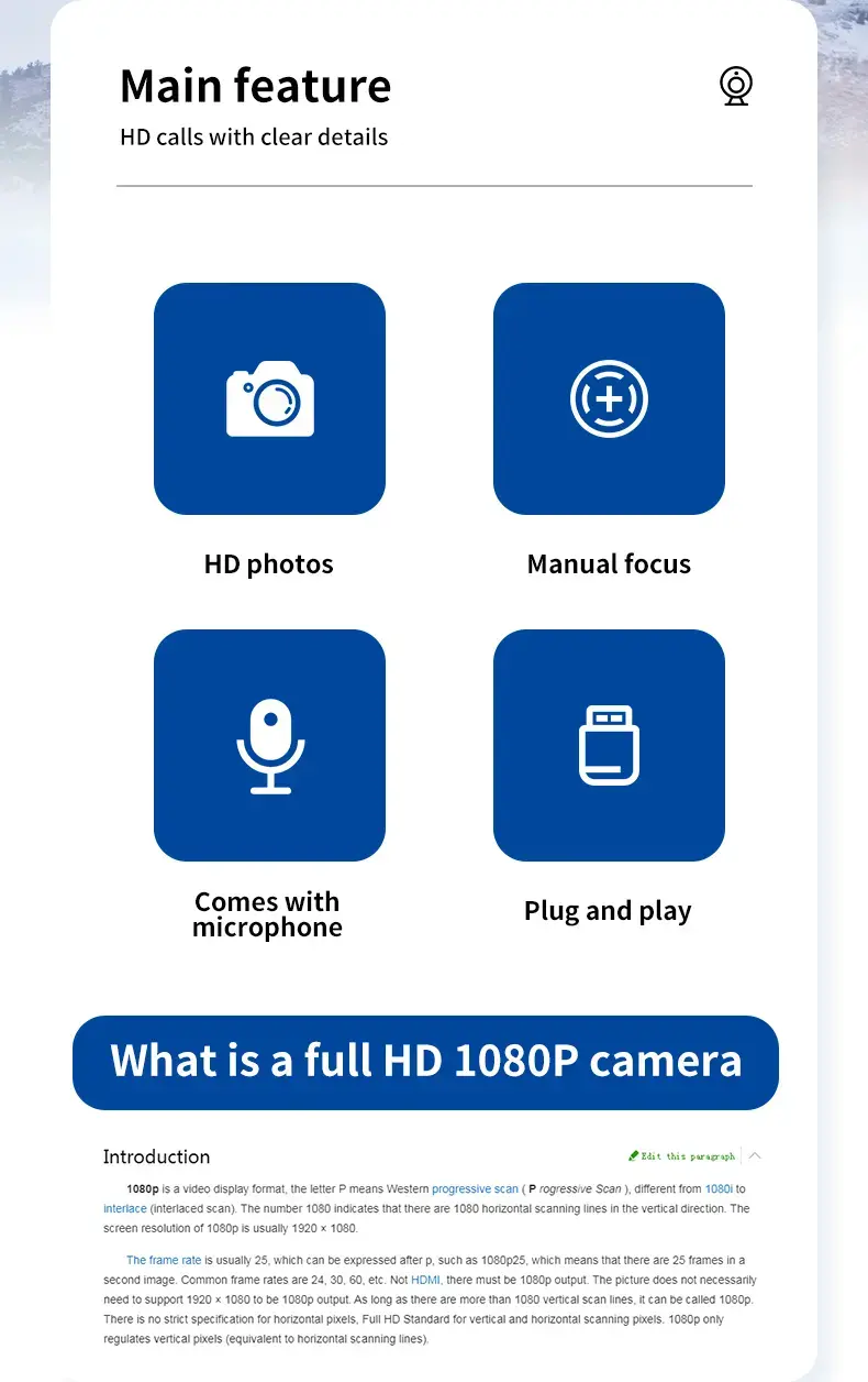 1080P HD Laptop stream webcam with Microphone and manual focus lens, ODM, OEM customizing.