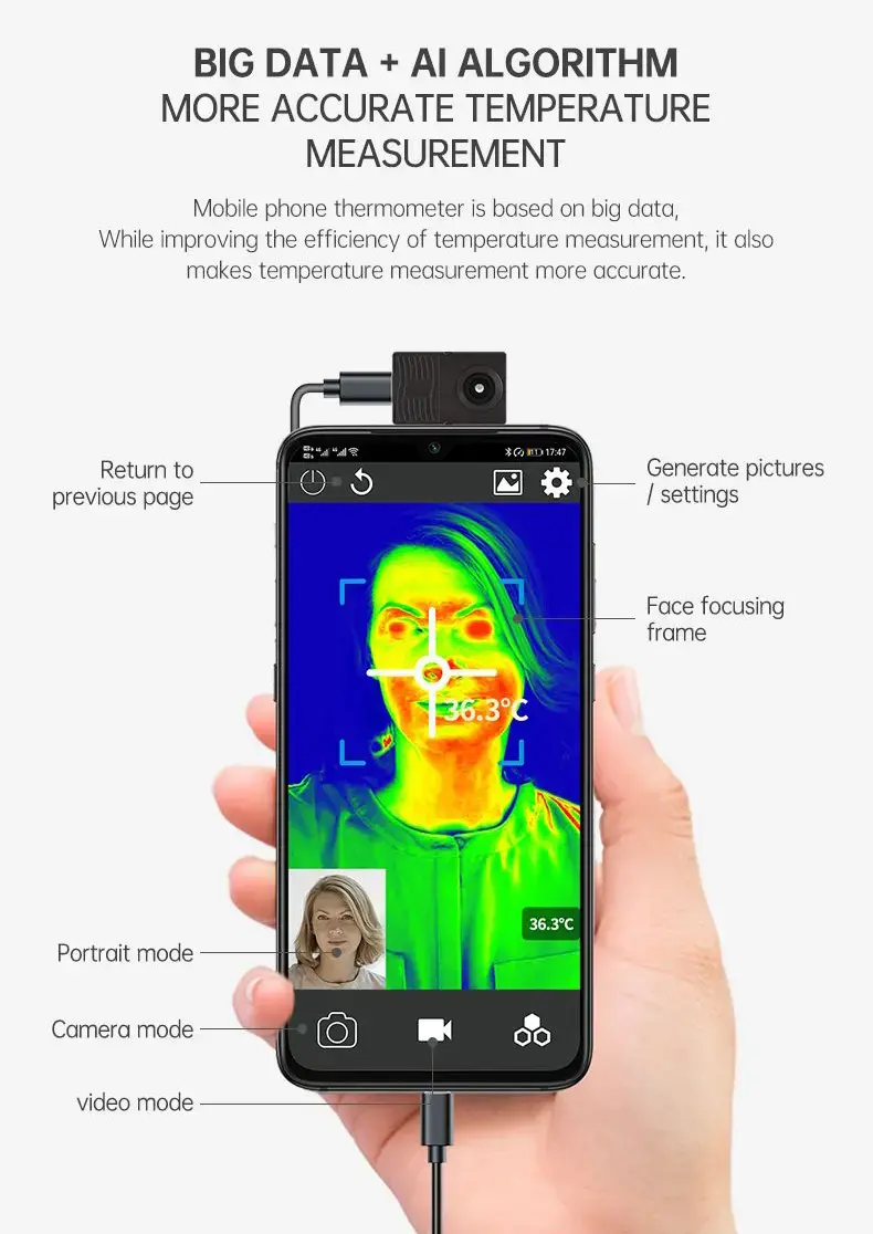 Hot sale portable digital AI infrared thermal imaging camera on mobile phone plug and play cell phone thermometer.